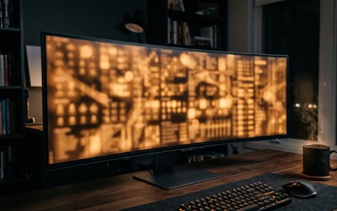 Ultrawide monitor on a desk at night showing an abstract amber dashboard grid