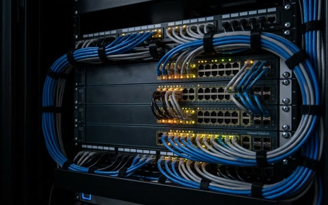 Neatly cabled network switches in a dark rack with glowing amber status lights