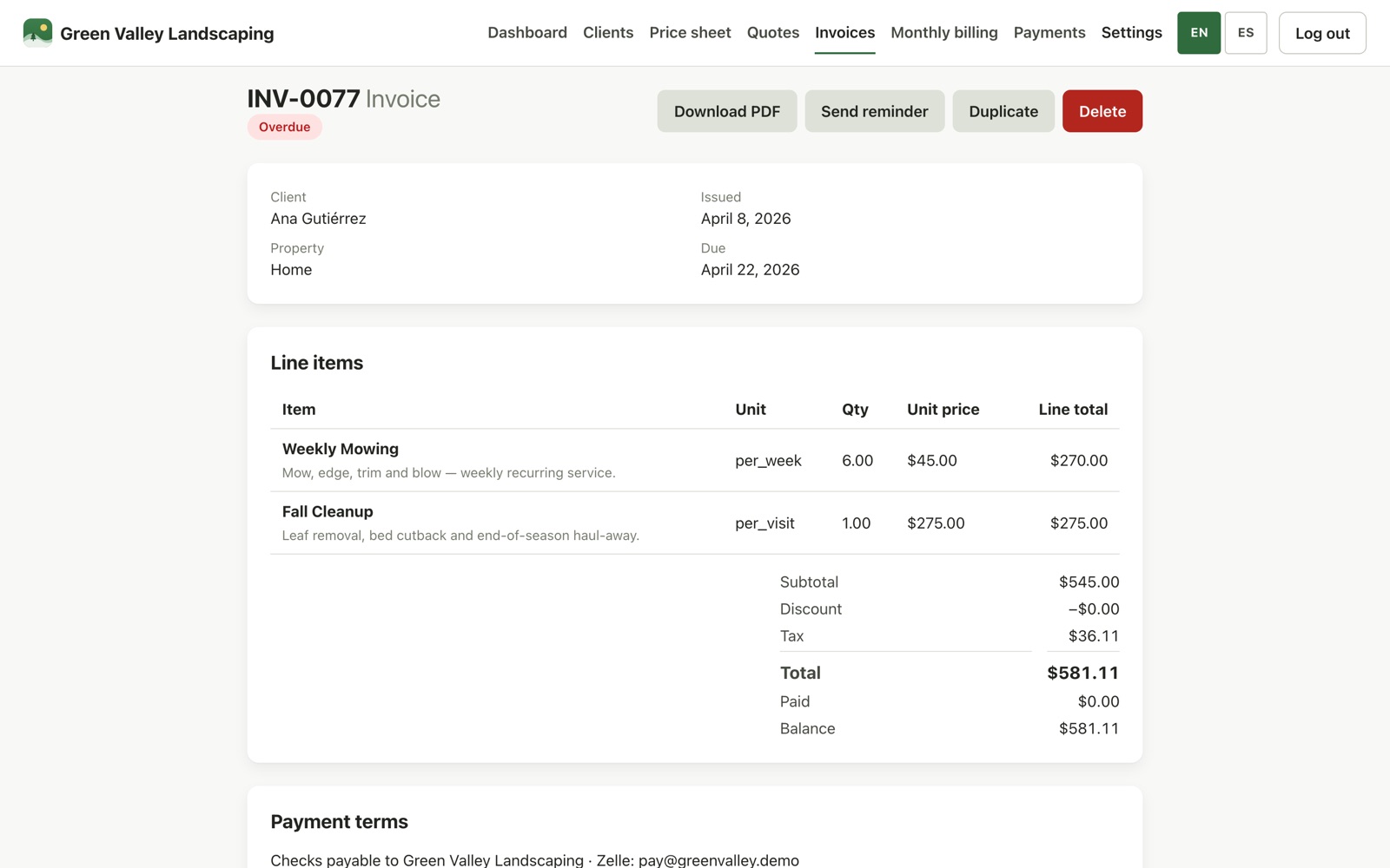 A Facturo invoice detail screen: line items for weekly mowing and fall cleanup, subtotal, tax, and balance, with buttons to download the PDF, send a reminder, or duplicate